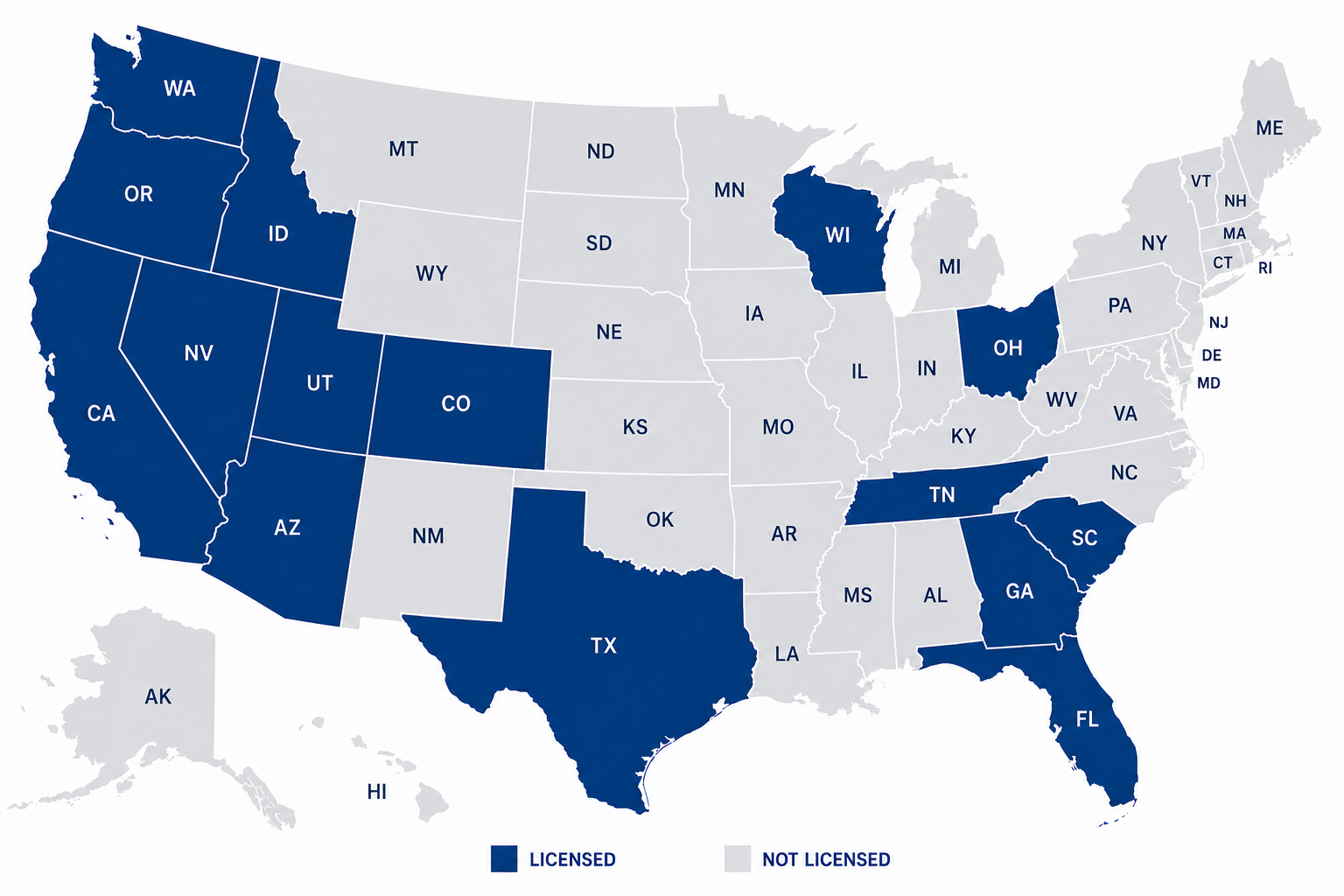 Map of U.S. states where Michael Mannino is licensed to originate mortgages